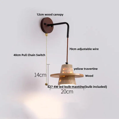 Rustic industrial wood and concrete wall sconce with yellow travertine wooden shade and copper wood led decorbites style