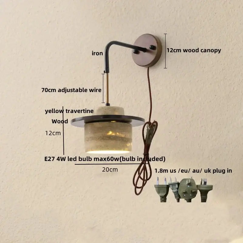 Rustic industrial wood and concrete wall sconce with a yellow travertine wooden base and decorbites copper wood led bulb