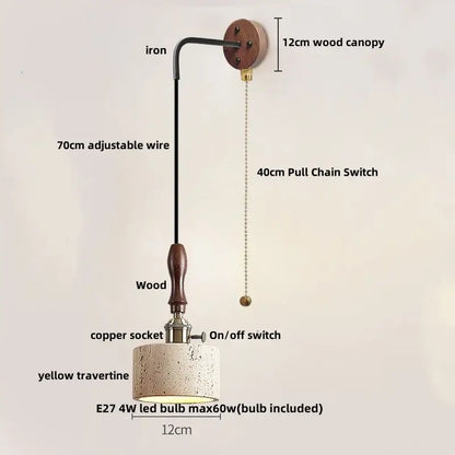 Rustic industrial wood and concrete wall sconce with 12cm wood canopy and yellow travertine shade for decorbites copper wood led lighting