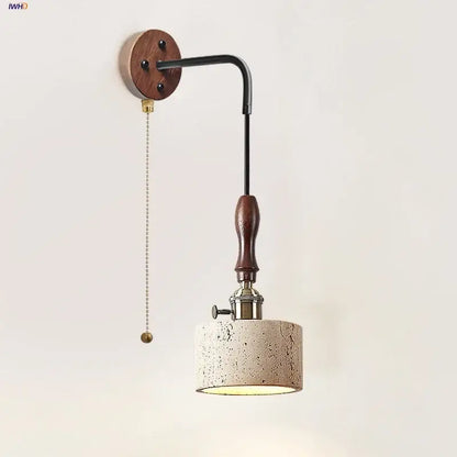 Rustic industrial wall sconce with dark wood base, black metal arm, brass accents, and concrete shade for bedroom decorbites copper wood led