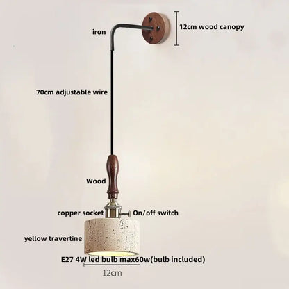 Rustic industrial wood and concrete wall sconce with 12cm wood canopy iron arm and yellow travertine shade decorbites copper wood led
