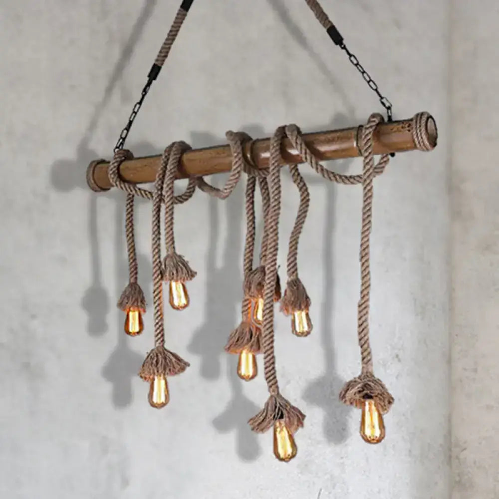 Rustic bamboo pendant light with natural rope and exposed filament bulbs beige design for dining room hanging lamp