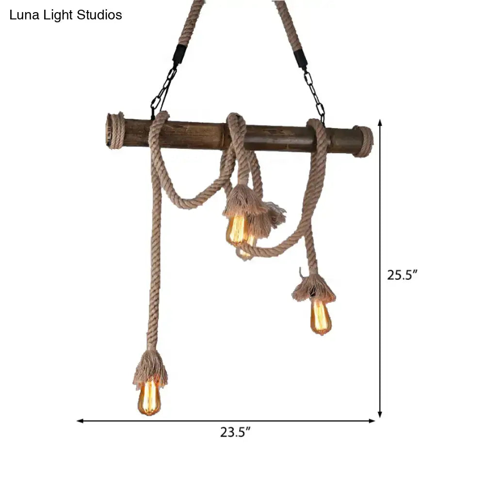 Rustic nautical pendant light with dark wood bamboo rod beige rope suspension and three exposed Edison bulbs hanging lamp