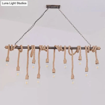 DecorBites farmhouse exposed bulb pendant light with dark metal bar and natural wood hemp rope knots for restaurants