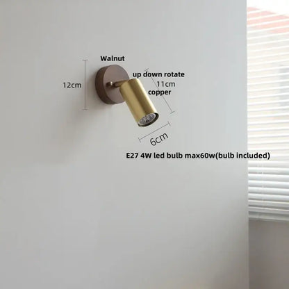 Rustic led walnut wood wall sconce with copper-finished adjustable spotlight and walnut wood base for bedroom decorbites led walnut