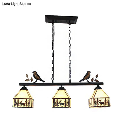 DecorBites™ rustic lodge deer island pendant light with black metal frame amber stained glass and bird figurines 220v-240v 110v-120v
