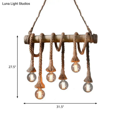 Rustic beige bamboo island light with natural rope detailing and exposed bulbs from decorbites lodge collection