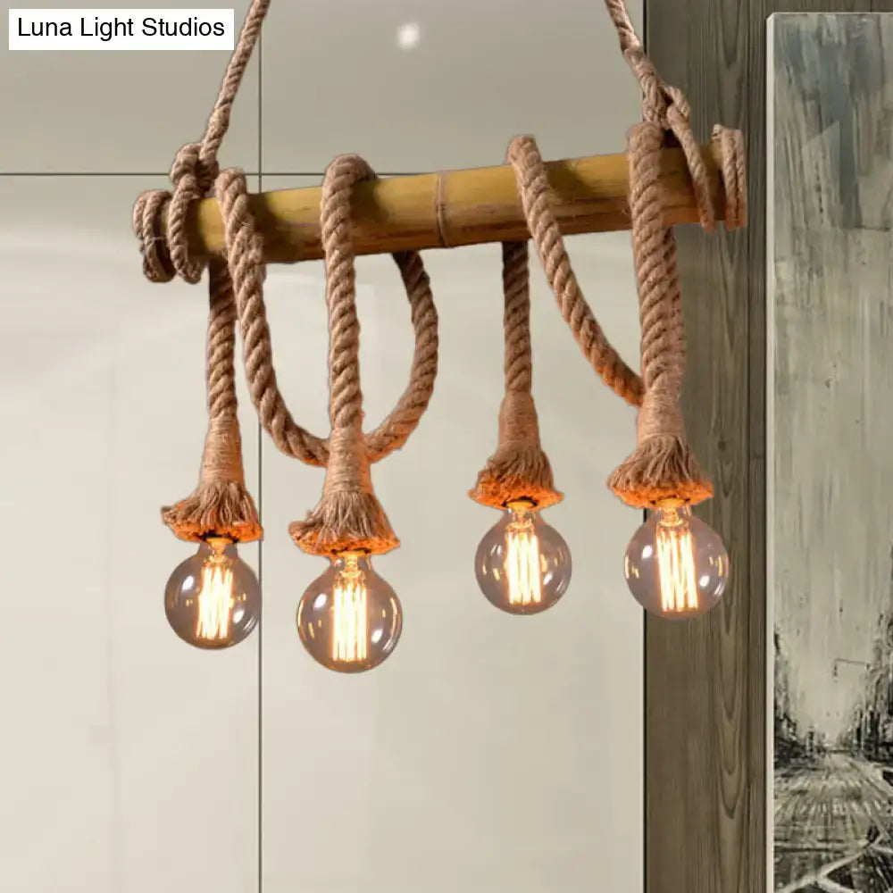 Rustic nautical-style decorbites lodge industrial beige island light with adjustable bamboo rod and thick rope suspension