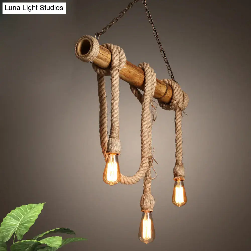 Decorbites lodge industrial beige island light with adjustable rope, bamboo poles, and three exposed edison bulbs