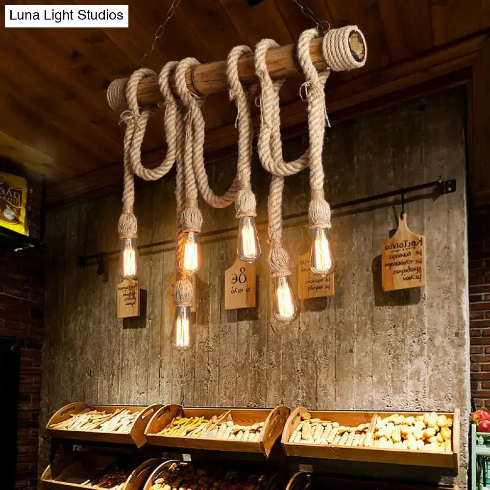 Decorbites lodge industrial beige island light featuring a rustic rope-wrapped wooden beam chandelier with exposed bulbs