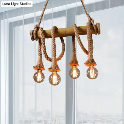 Rustic bamboo island light with beige finish, natural rope suspension, and four exposed filament bulbs by DecorBites™