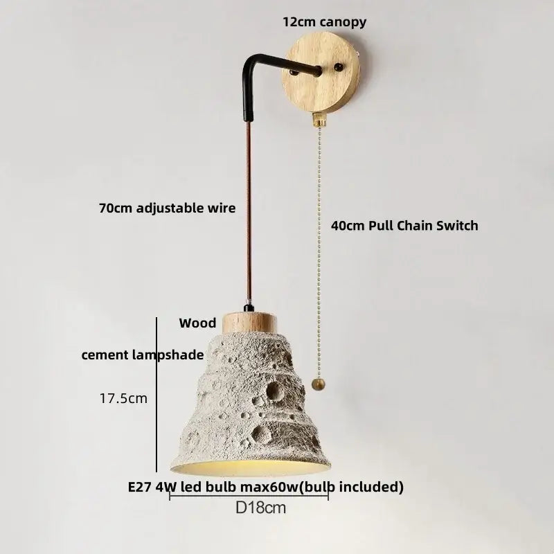 Rustic moon cement led wall lamp with gray textured lampshade and wooden base by decorbites for bedroom decor