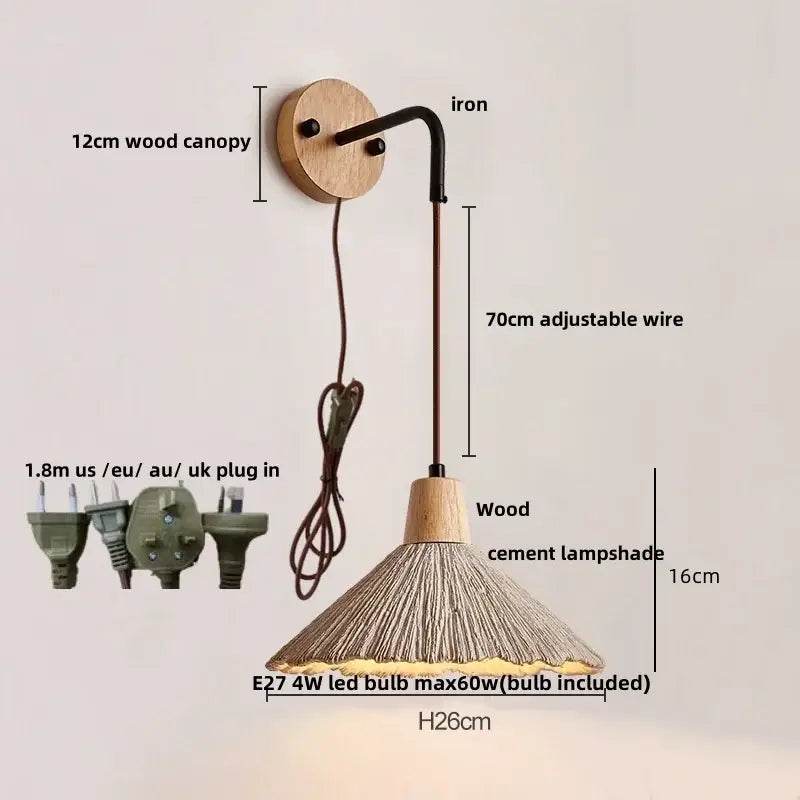 Rustic moon cement led wall lamp with 12cm wooden canopy black iron arm and conical wood cement shade by decorbites