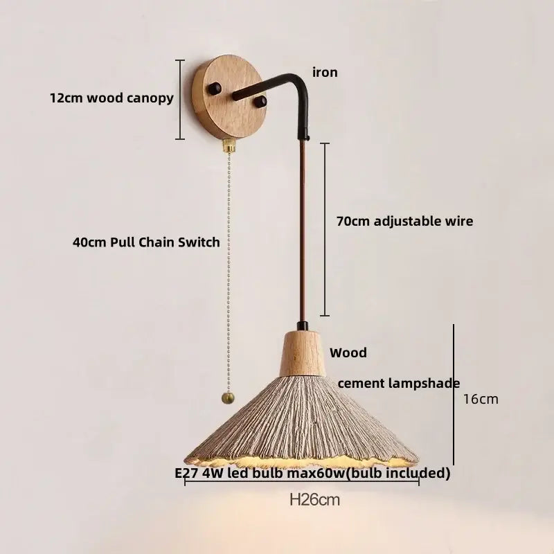 Rustic moon cement led wall lamp with 12cm wood canopy, black iron arm, and 16cm conical wood cement shade by decorbites