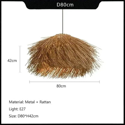 Rustic pendant light with natural straw shade and metal frame in golden brown to bring warmth to dining rooms