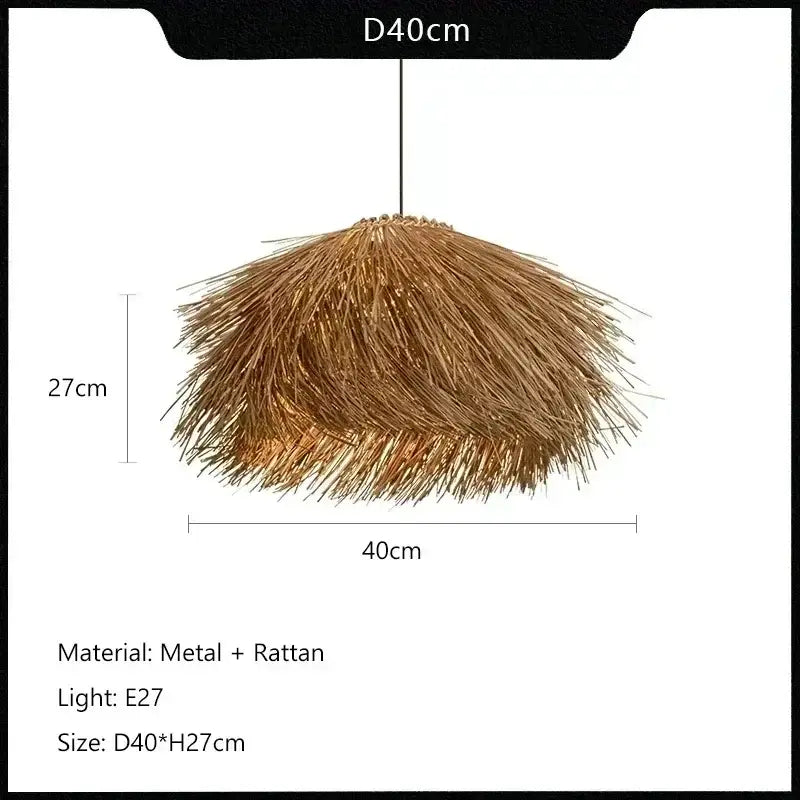 Rustic golden-brown pendant light with natural straw shade made of metal and rattan to bring warmth to dining rooms