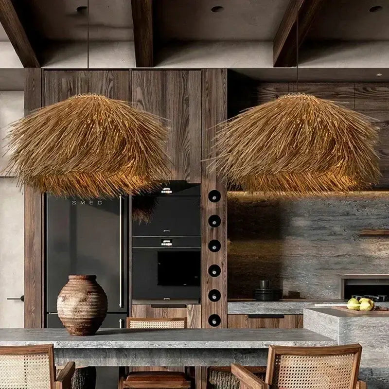 Two rustic golden-brown pendant lights with natural straw shade bring warmth to dining rooms