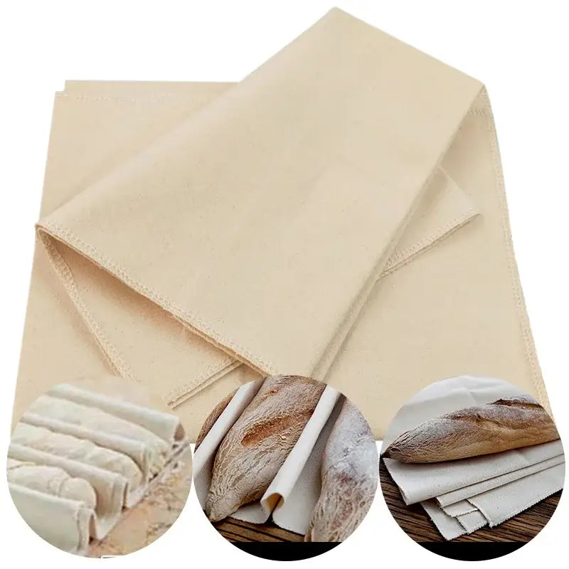 Beige linen flax cloth baking mat with neatly stitched edges used to wrap fresh bread from decorbites linen flax set