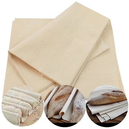 Beige linen flax cloth baking mat with neatly stitched edges used to wrap fresh bread from decorbites linen flax set