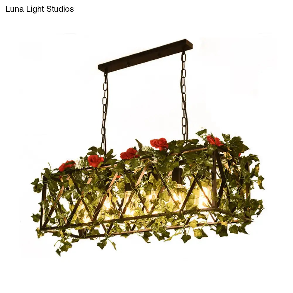 Decorbites™ rectangular island ceiling light with dark metal frame red green accents and ivy with warm 6-headed bulbs