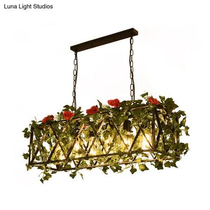 Decorbites™ rectangular island ceiling light with dark metal frame red green accents and ivy with warm 6-headed bulbs