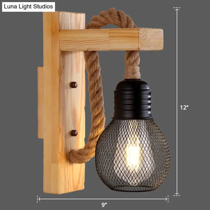 DecorBites™ l-shaped wooden lantern wall light with black mesh e26 e27 bulb cover and natural rope for farmhouse decor