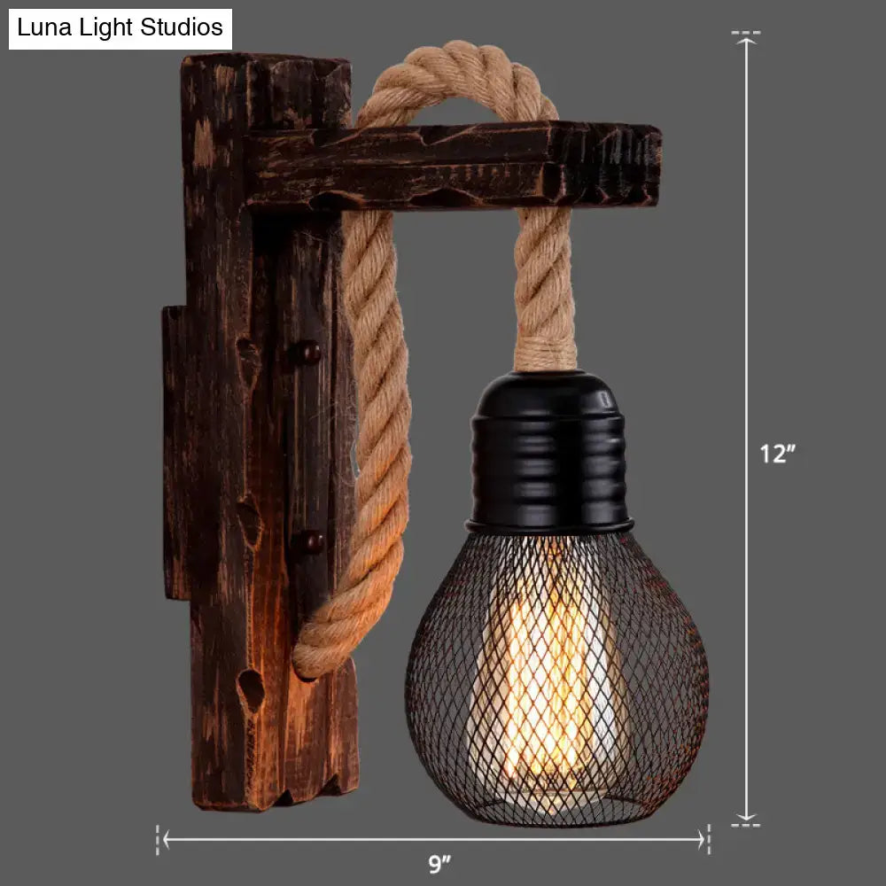 Rustic decorbites l-shaped wooden wall light with black mesh e26 e27 bulb and beige rope arm for farmhouse bedroom lighting