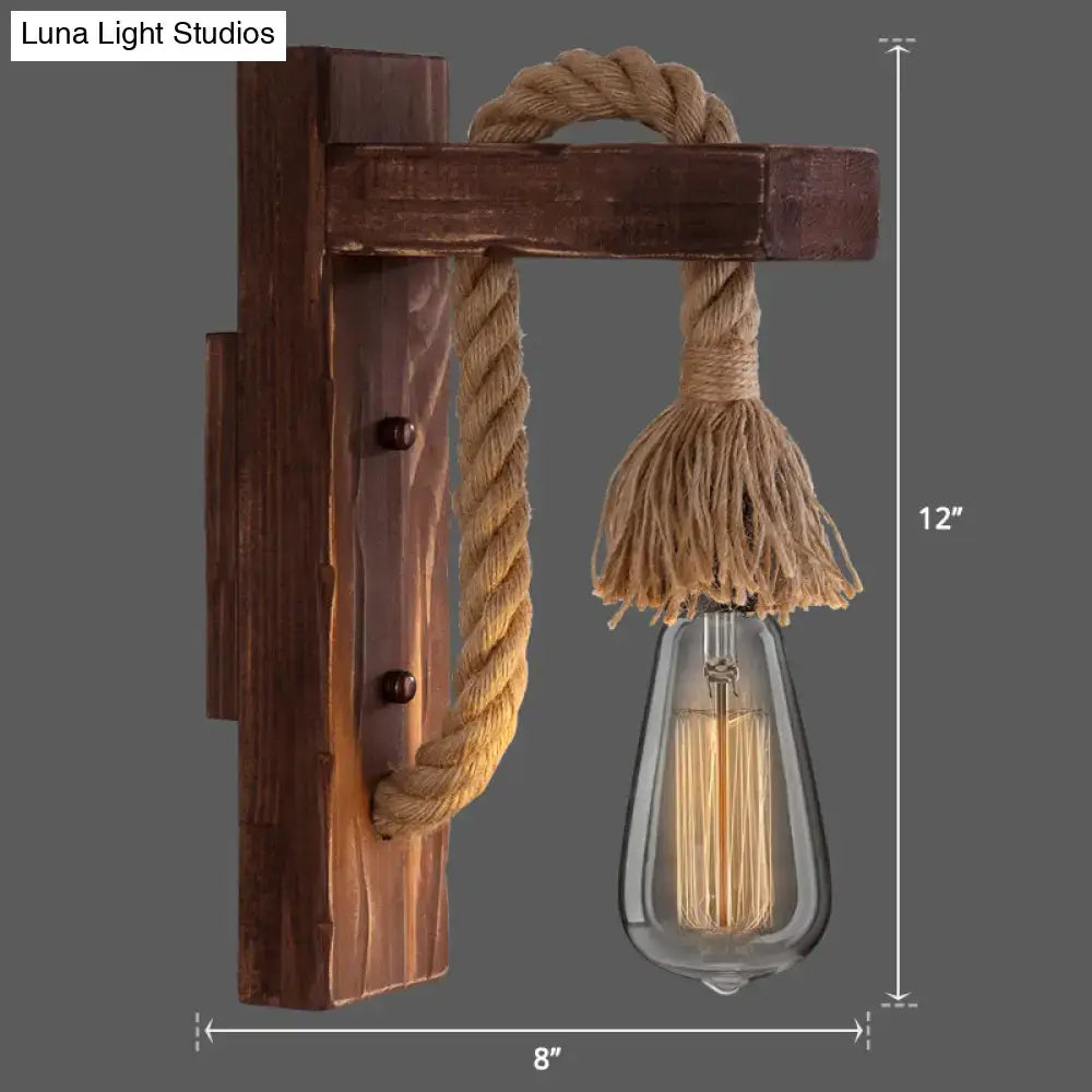 DecorBites™ L-shaped wooden wall light with natural rope arm suspending an exposed e26 e27 filament bulb for farmhouse lighting