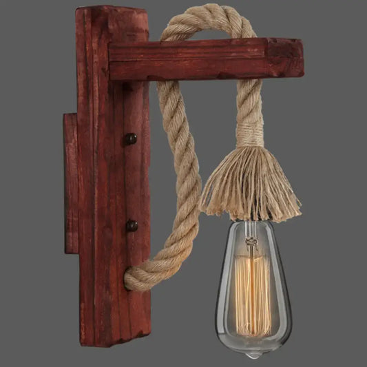DecorBites™ L-shaped wooden wall light with rustic red finish, beige rope, frayed tassel, and e26 e27 bulb socket
