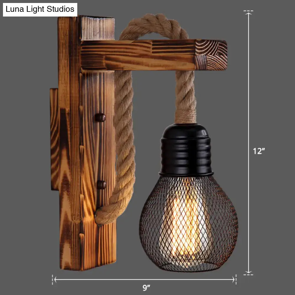 Rustic wooden wall light with thick rope arm and black mesh cage for e26 e27 bulb perfect farmhouse bedroom lighting