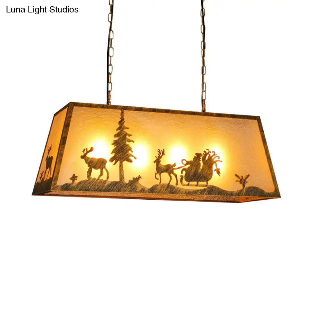 Decorbites brown fabric trapezoidal island ceiling light with amber glass shade and carved reindeer silhouettes, fixture width and height optimized for restaurants