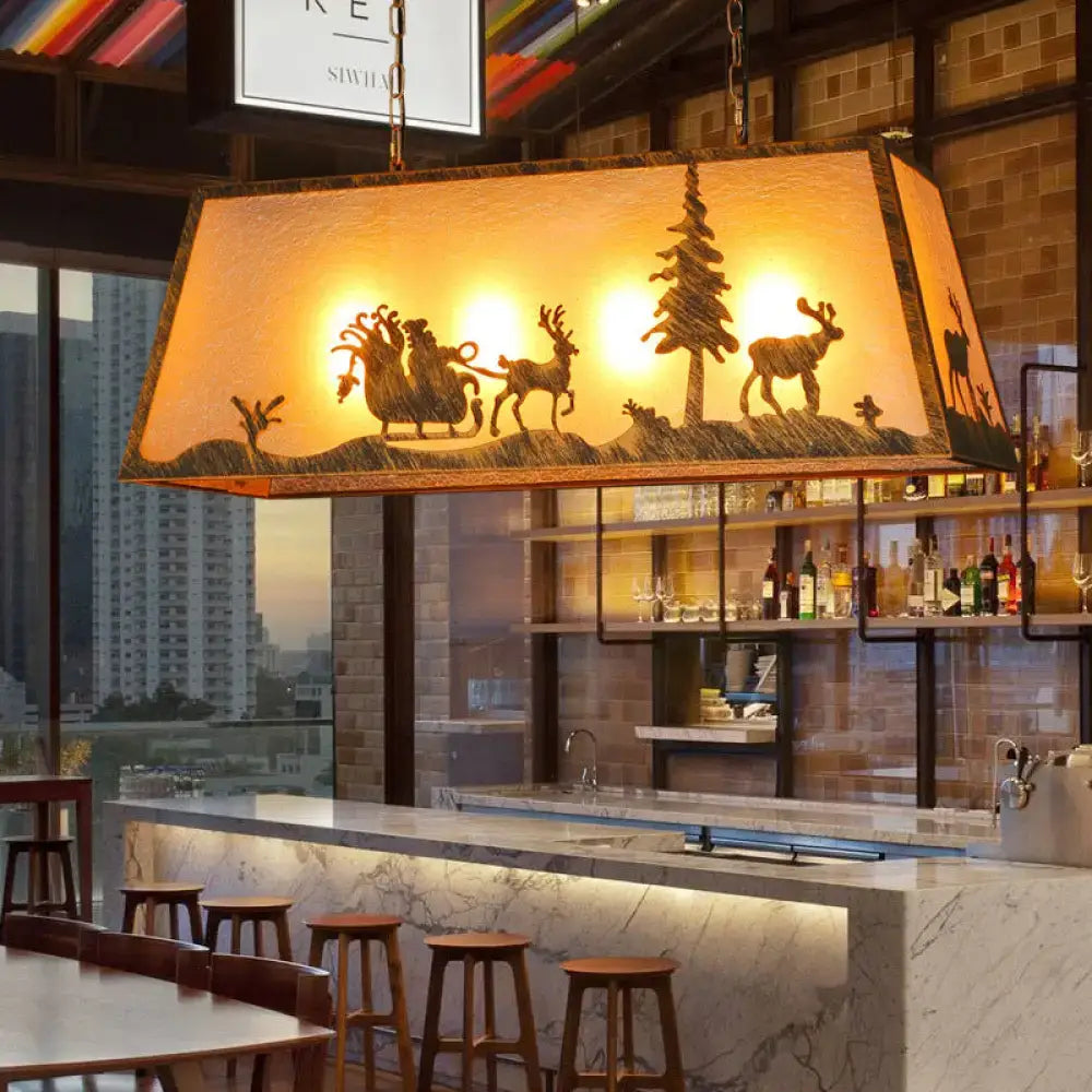 Decorbites brown fabric trapezoidal ceiling light with warm wooden frame and carved silhouette shade shape for restaurants