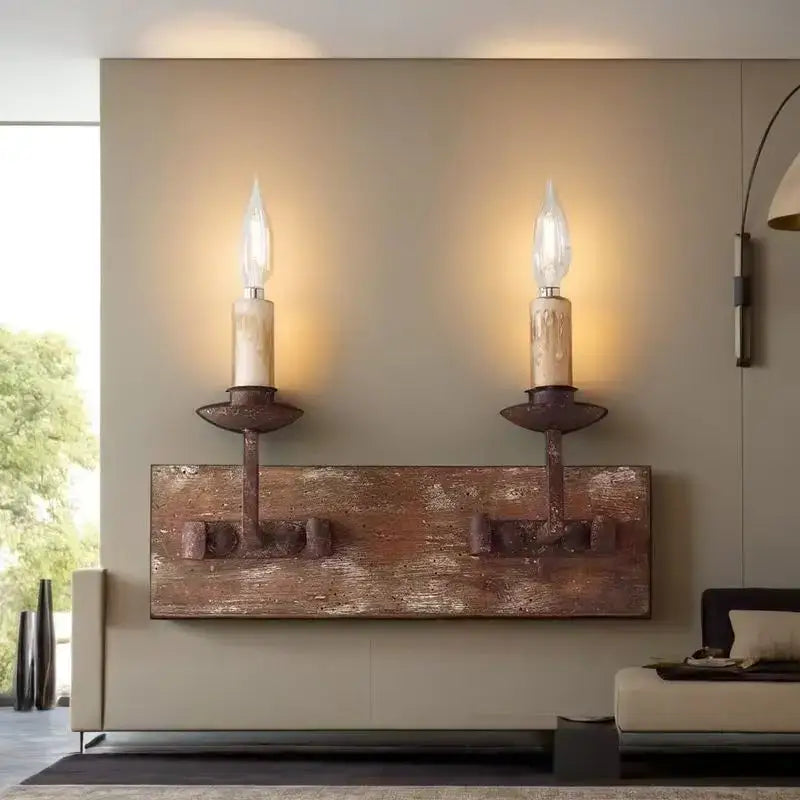 Rustic retro solid wood wall light with two candle-style bulbs designed as a decorbites country retro wall sconce