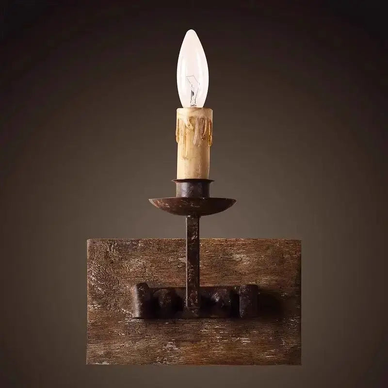 Rustic wall light with solid wood base and wrought iron candle sconce for decorbites country retro bedroom decor