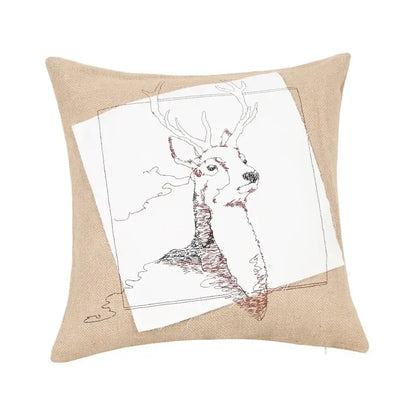 Beige linen pillow cover with embroidered black and rust deer head on white patch rustic tan burlap fashion pillow cover