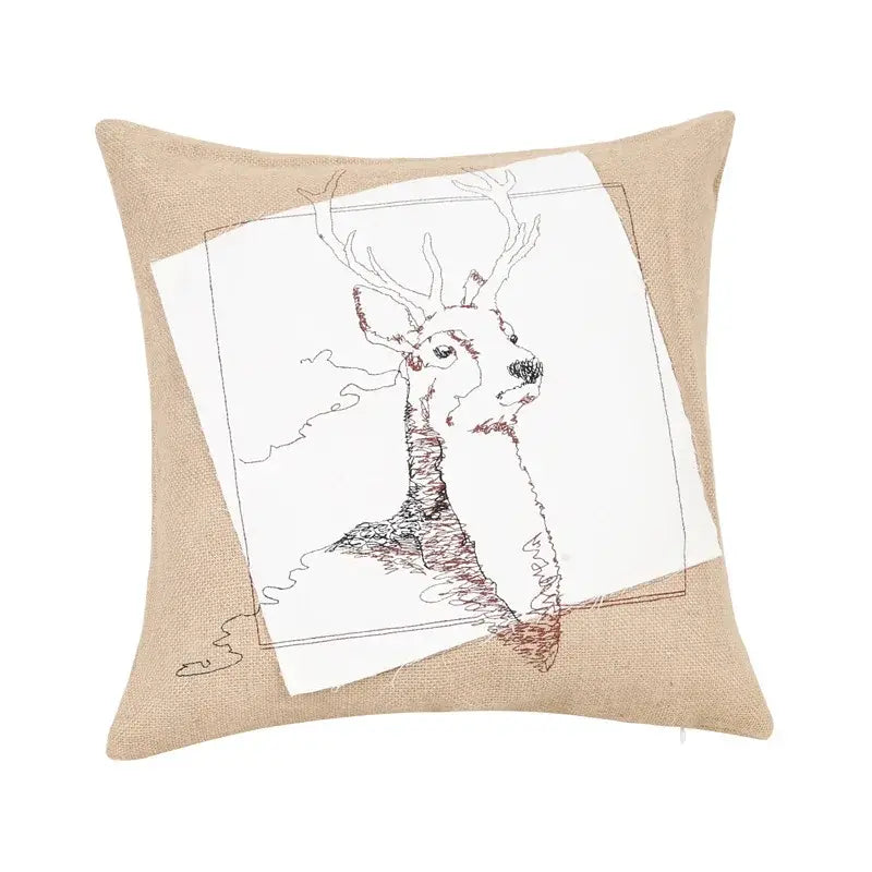 Beige linen pillow cover with embroidered black and rust deer head on white patch rustic tan burlap fashion pillow cover