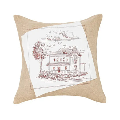 Beige linen pillow cover with white panel and red ink house sketch rustic tan burlap embroidered fashion pillow cover