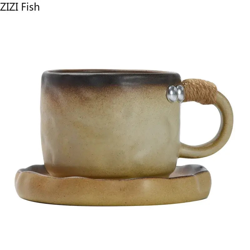 Earthenware coarse pottery cup with rustic gradient glaze and woven rope handle from decorbites coarse pottery decor