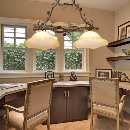 Rustic twig scalloped opal glass ceiling light featuring wrought iron branch-style chandelier with frosted shades for 220v-240v use