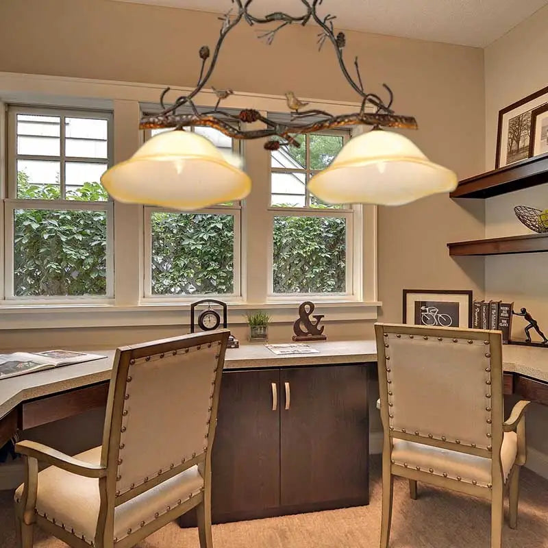 Rustic twig scalloped opal glass ceiling light featuring wrought iron branch-style chandelier with frosted shades for 220v-240v use
