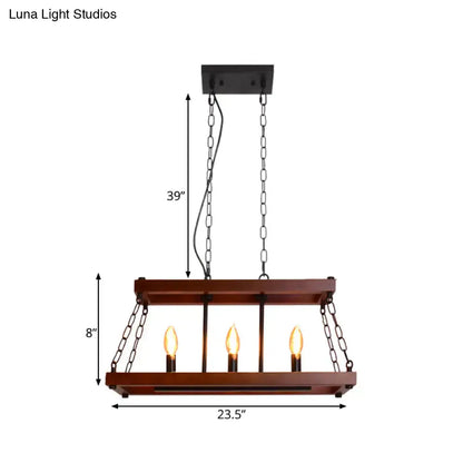 Rustic vintage brown wood chandelier with dark brown rectangular wooden frame and three exposed Edison bulbs hanging by black chains