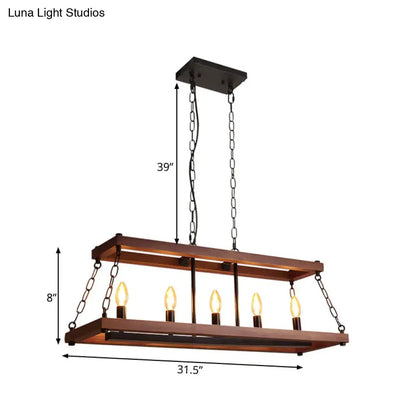 Rustic vintage brown wood chandelier with five exposed filament bulbs and black metal chains for dining room island light