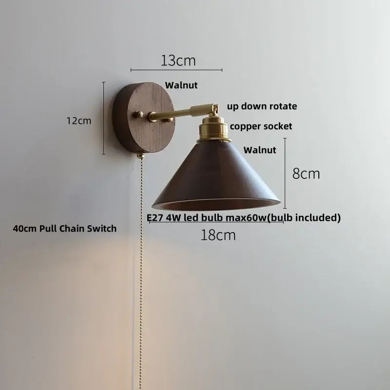 Rustic walnut and brass wall light fixture with walnut finish, brass copper socket, and conical shade for bedroom use