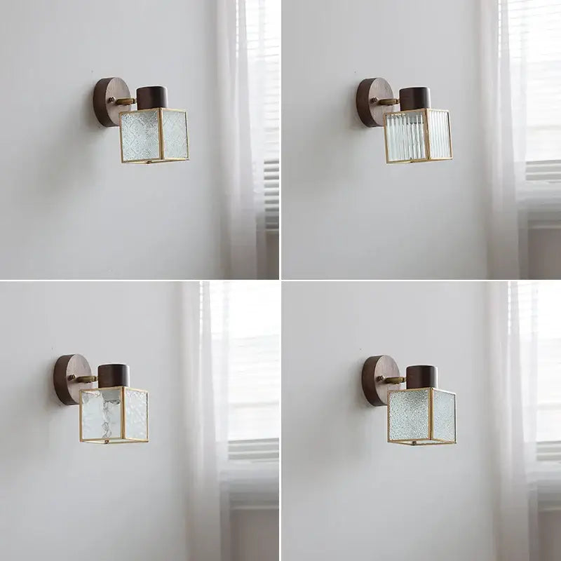 Rustic walnut and brass led wall lamp with square glass lantern and dark wood mounting plate for bedroom lighting