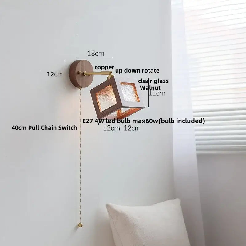 Rustic walnut wood and brass wall sconce with copper finish clear glass and walnut wood cube design for decorbites led lighting