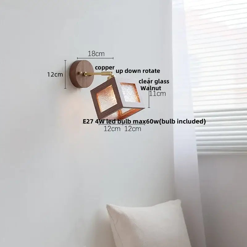 Copper finished wall sconce with walnut wood base and clear glass cube fixture by decorbites led for rustic decor