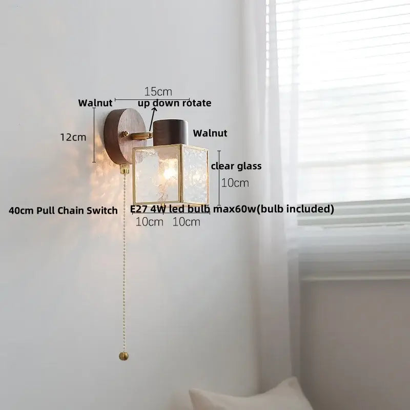Rustic walnut wood wall sconce with brass frame clear glass lantern and e27 4w led bulb for bedroom use