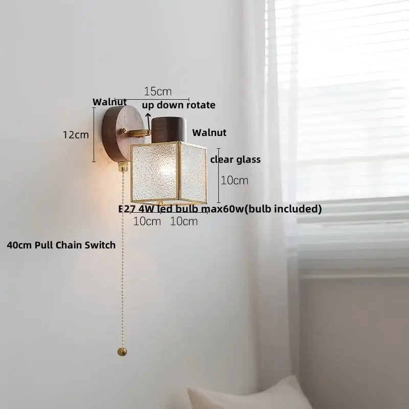 Rustic walnut wood and brass wall sconce with clear textured glass cube and e27 led bulb for bedroom lighting