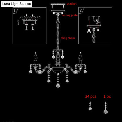 Antique brass DecorBites™ candle suspension lamp with crystal droplets and ornate arms for white corridor lighting