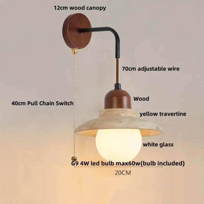 Rustic white concrete and wood wall light fixture with 12cm wood canopy, adjustable black wire arm, and yellow travertine shade
